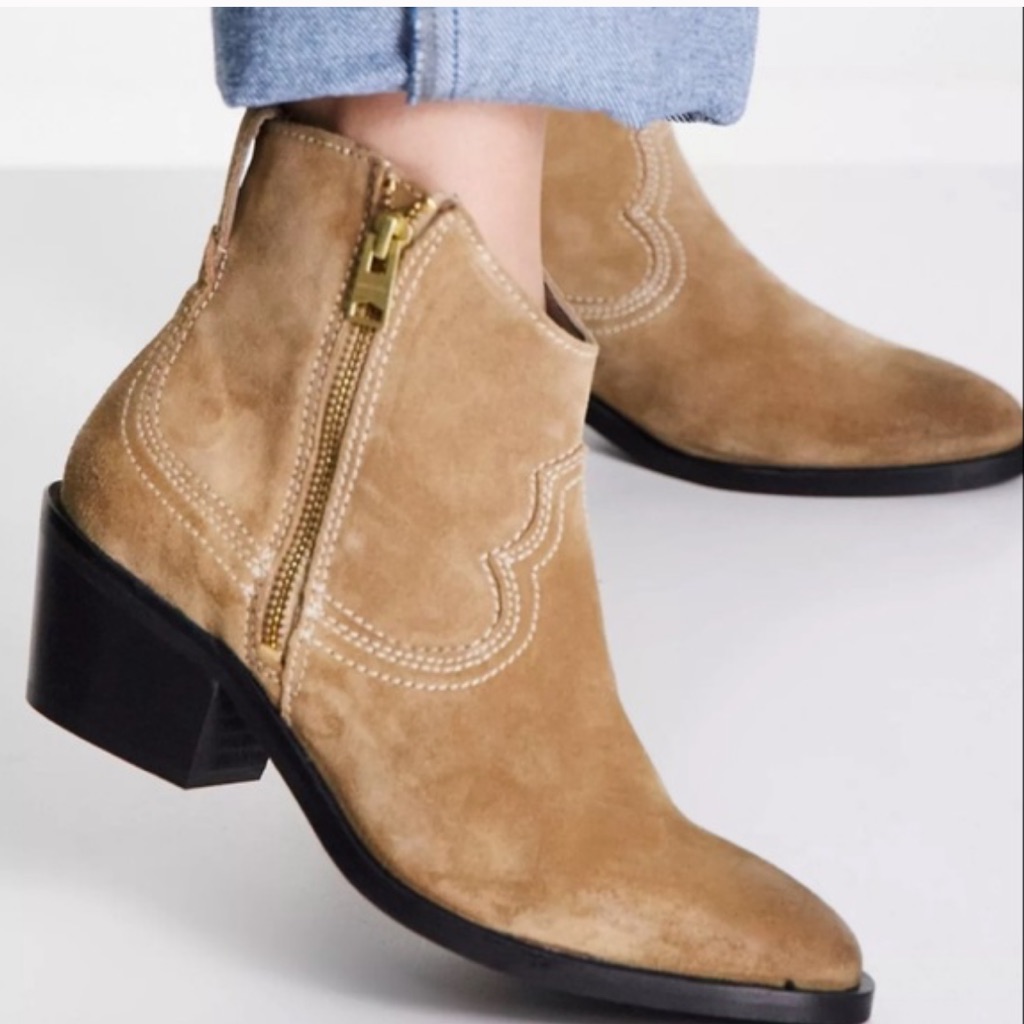 Allsaints Carlotta Western Suede Side Zip Ankle Boots Desert Sand Size 37, Us 7